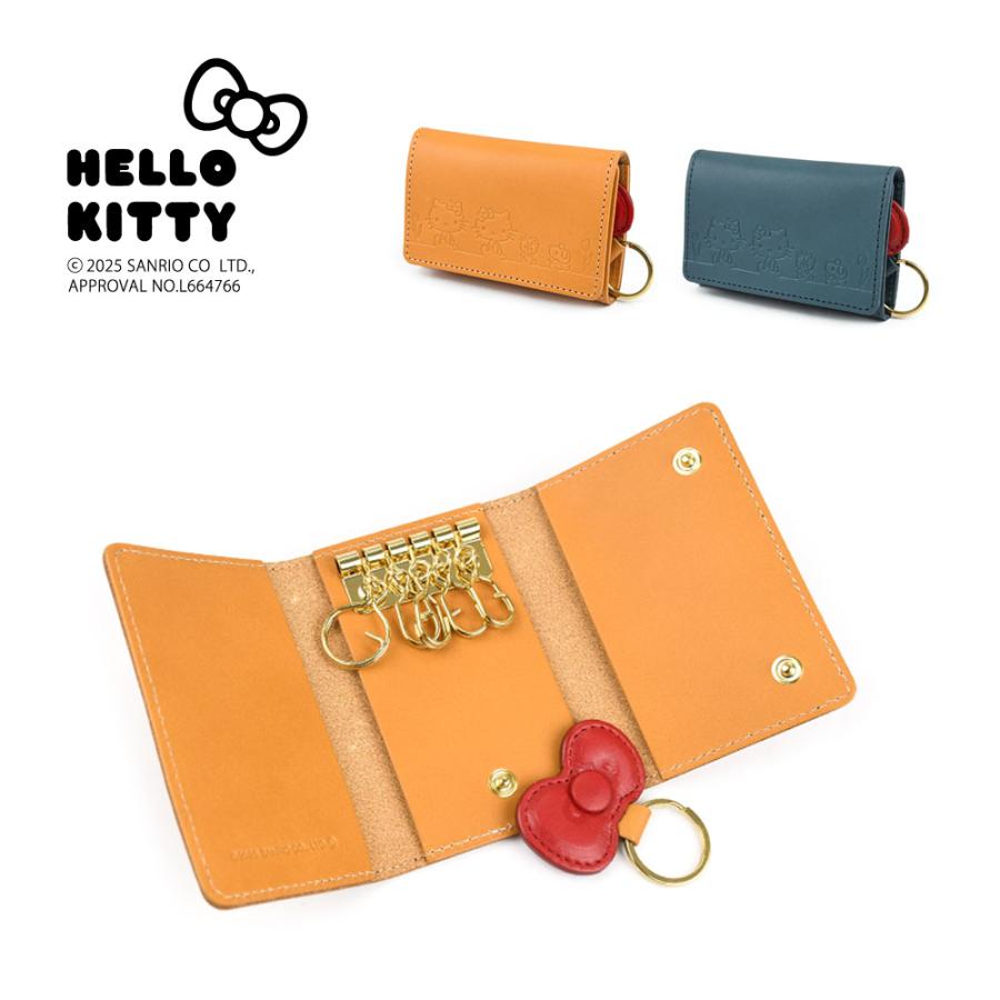 HELLO KITTY ハローキティ キーケース 5連 キーリング 取り外し 三つ折り KEY RIBBON レディース 本革 レザー 牛革 リボン コンパクト キティちゃん キティちゃんグッズ サンリオキャラクターズキャメル ブルー 使いやすい 型押し 経年変化 ハローキティ HELLO KITTY キーケース 5連 キーリング 取り外し 三
