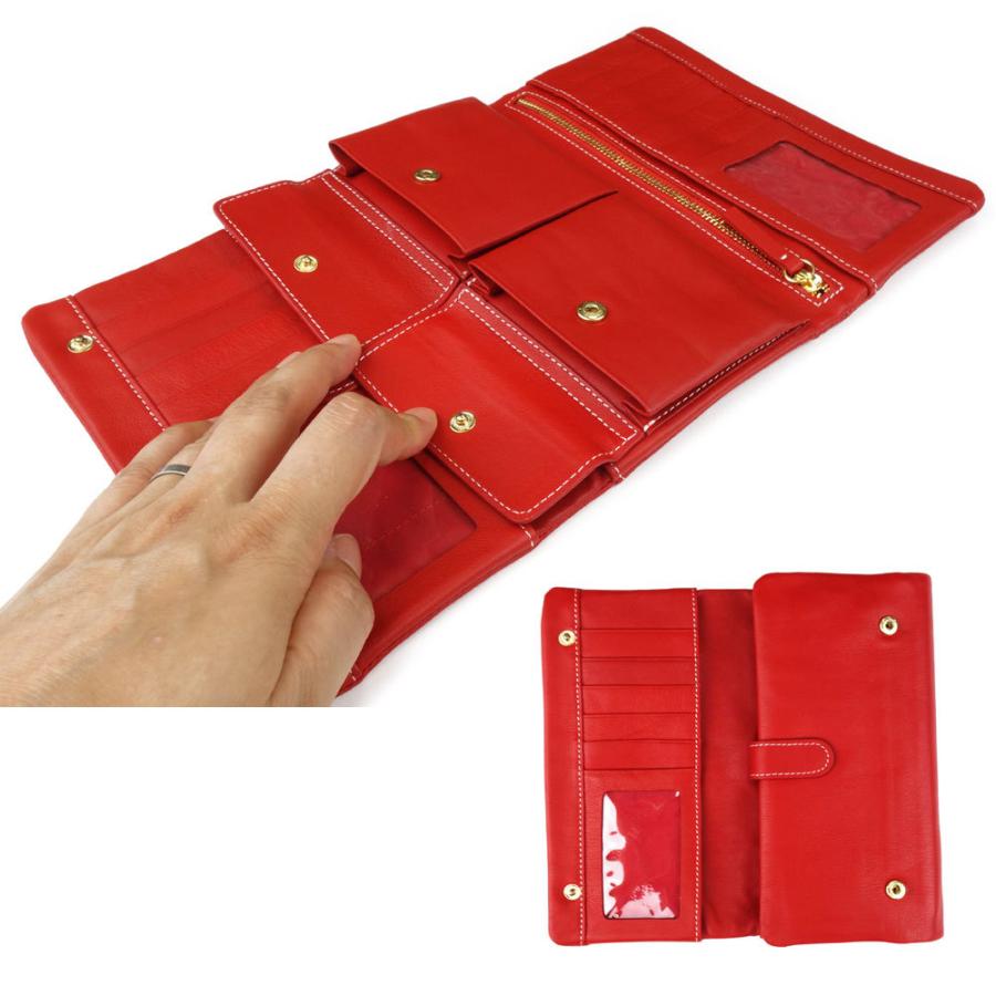 訳あり】長財布 フラップ 三つ折り 大容量 本革 レザー レッド※返品
