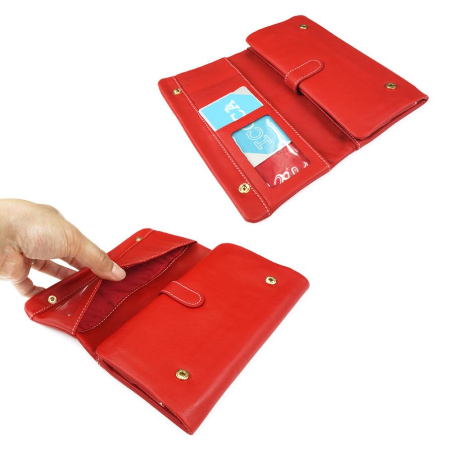 訳あり】長財布 フラップ 三つ折り 大容量 本革 レザー レッド※返品