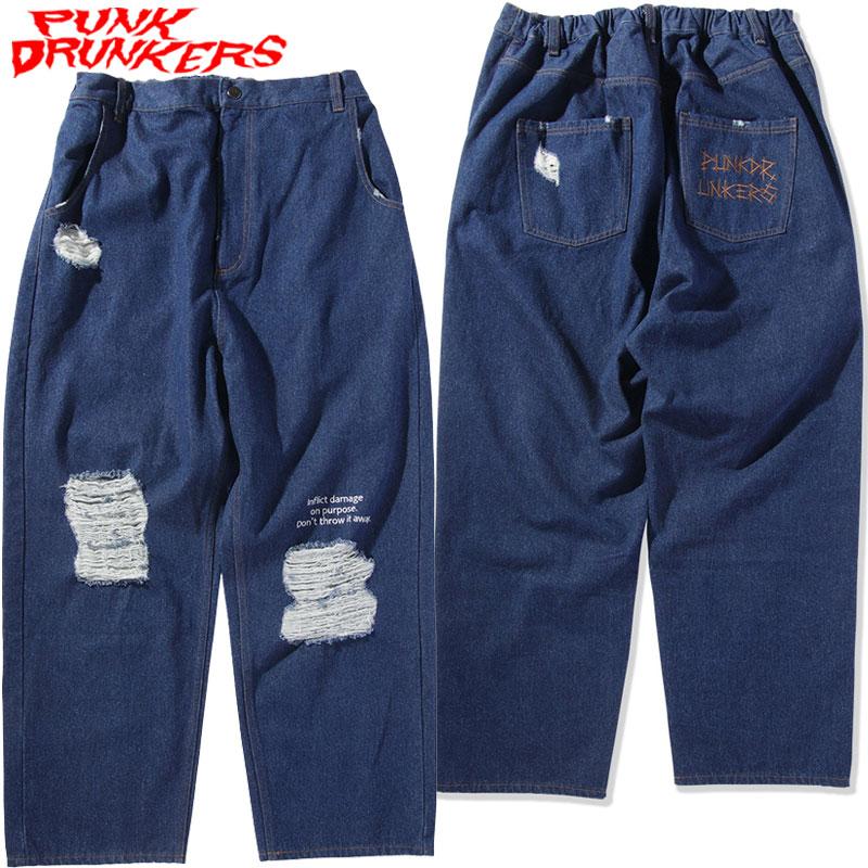 PUNK DRUNKERS デニムパンツ PUNK DRUNKERS（パンクドランカーズ） 送料無料 わざとダメージデニム