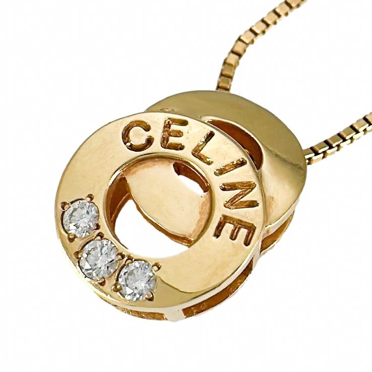 CELINE セリーヌ ロゴ サークル ダイヤ ネックレス K18YG D 0.08ct  