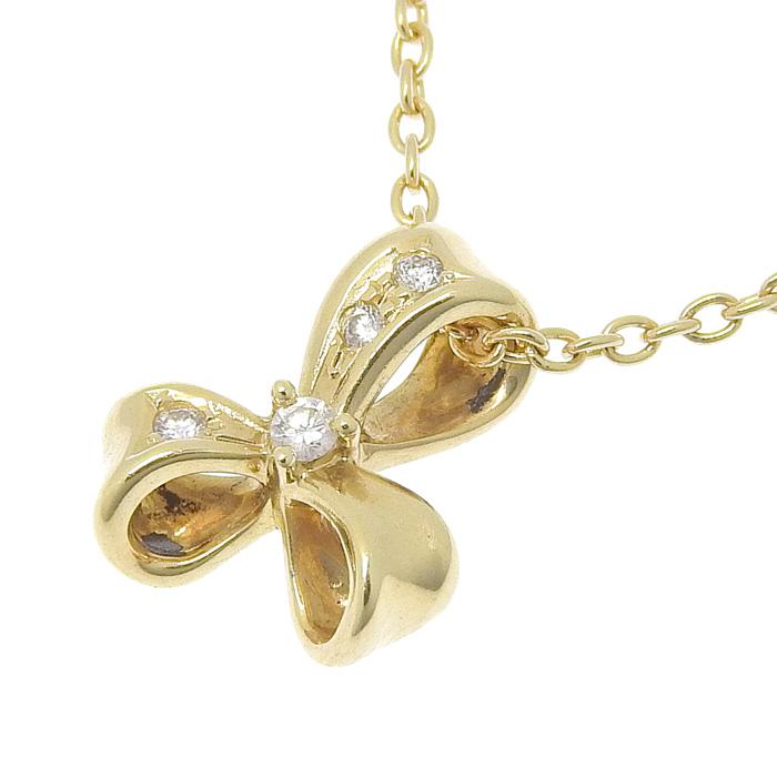 リボン モチーフ ダイヤ ネックレス K18YG ダイヤモンド 0.04ct 39.5cm 