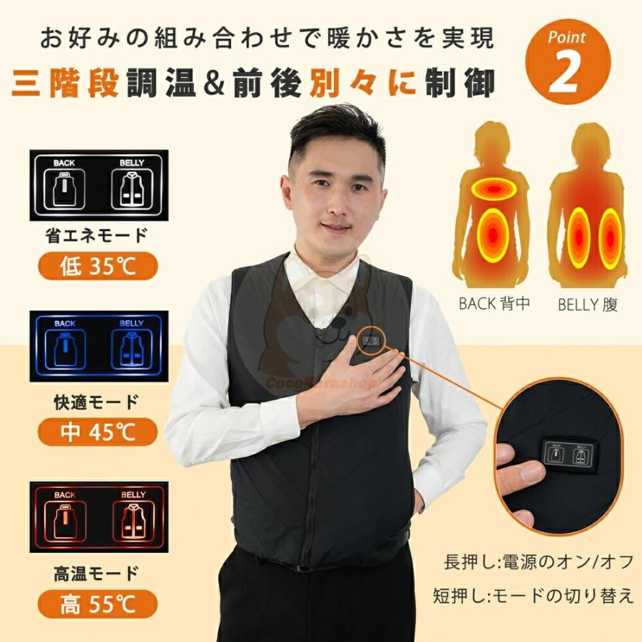 電熱ベスト 日本製ヒーター 洗える 4箇所発熱 ヒーターベスト USB式給電 3段階調整可能 前後独立温度設定可能 速暖 繊維ヒーター 男女兼用 防寒着 1年間保証 |  | 08
