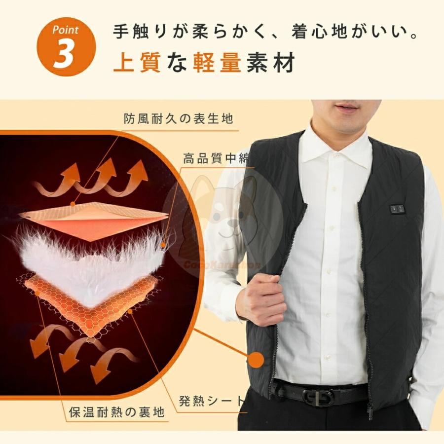 電熱ベスト 日本製ヒーター 洗える 4箇所発熱 ヒーターベスト USB式給電 3段階調整可能 前後独立温度設定可能 速暖 繊維ヒーター 男女兼用 防寒着 1年間保証 |  | 09