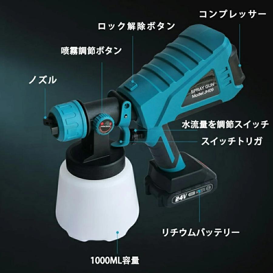 スプレーガン 電動 18Vバッテリー互換対応 家庭用 コードレス 充電式 1000ml 小型 噴霧の幅調整可能 3つの噴霧方法 吹き付け式 塗装ガン塗装機 ペンキ屋くん |  | 03