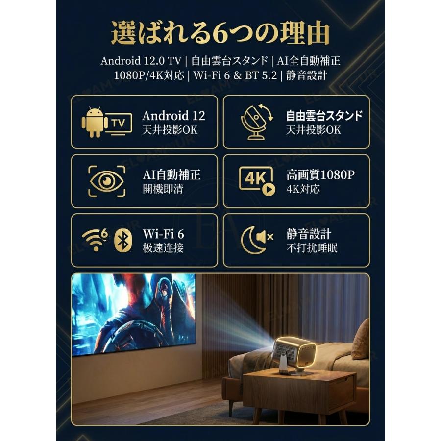 プロジェクター 小型 家庭用 Android12搭載 4K対応 全自動フォーカス