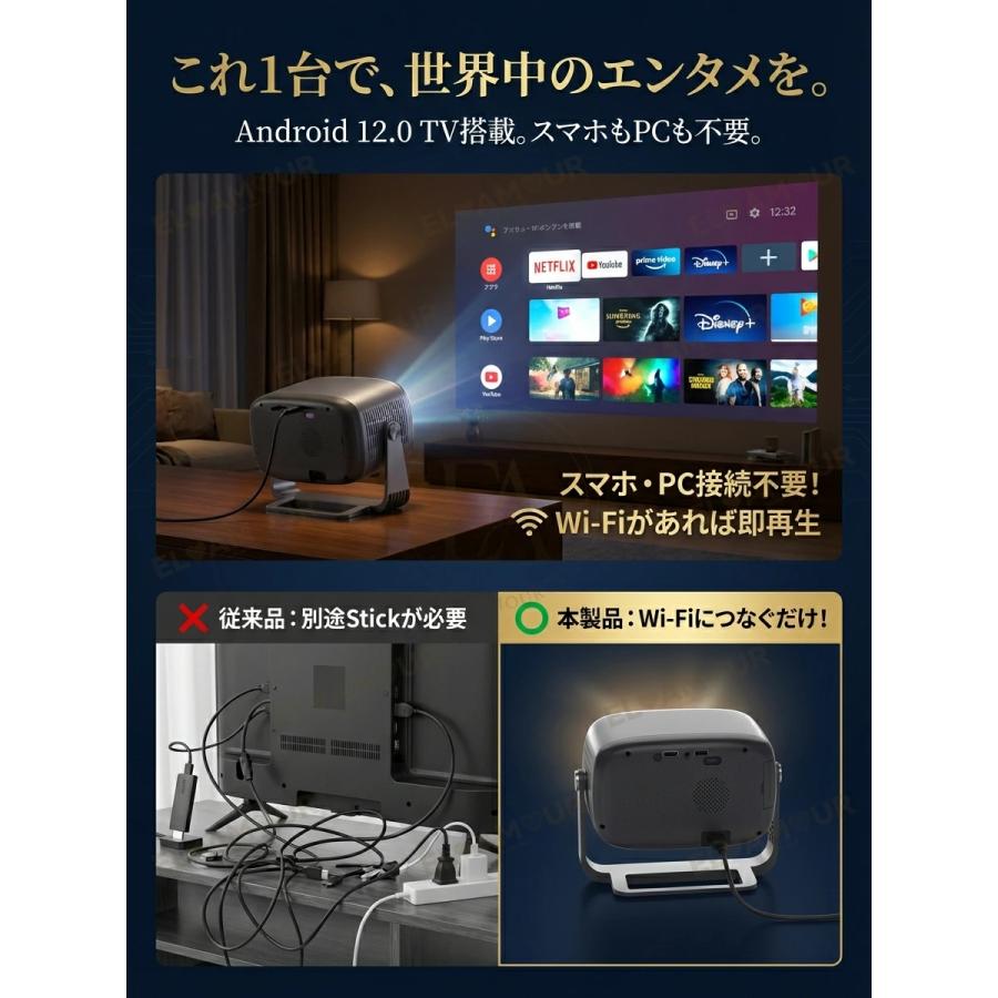 プロジェクター 小型 家庭用 Android12搭載 4K対応 全自動フォーカス