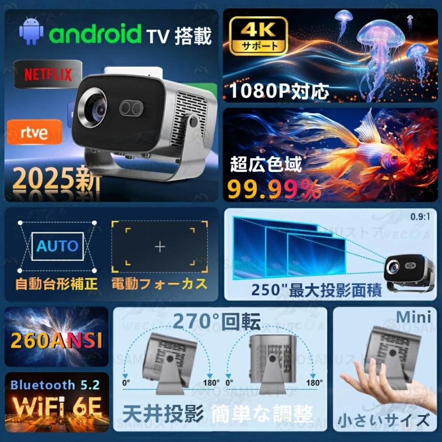 プロジェクター 小型 家庭用 天井投影 Android搭載 4K対応 電動
