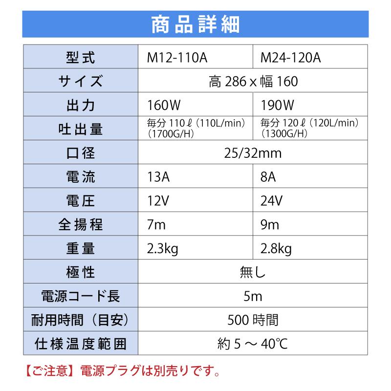 海水ポンプ 12V 24V 小型 海水 M12-110A M24-120A マリンテック 無極性