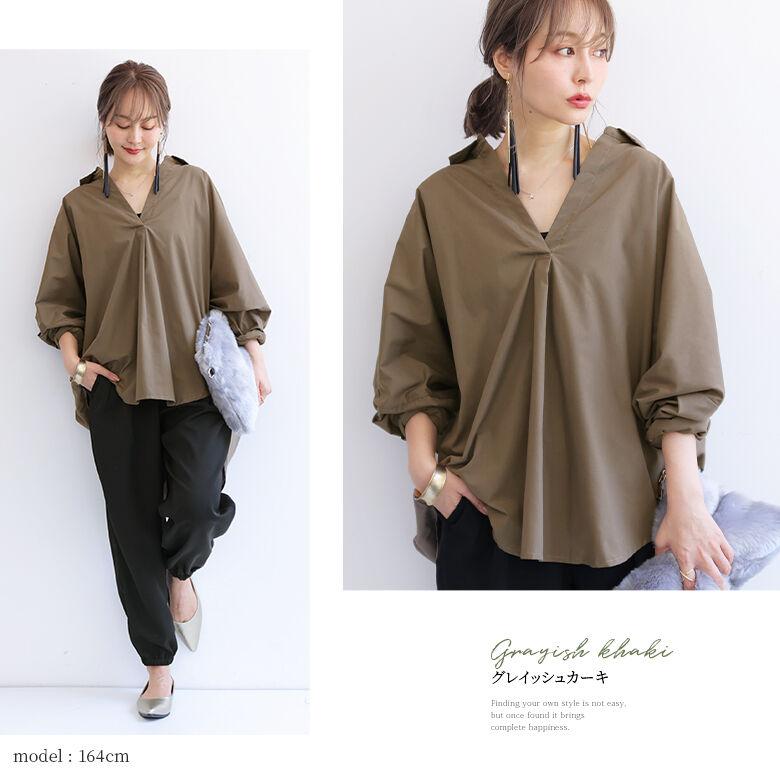 カーキ色 ジッパー付きシャツ フリーサイズ osharewalker（オシャレウォーカー） シャツ ブラウス 長袖 レディース