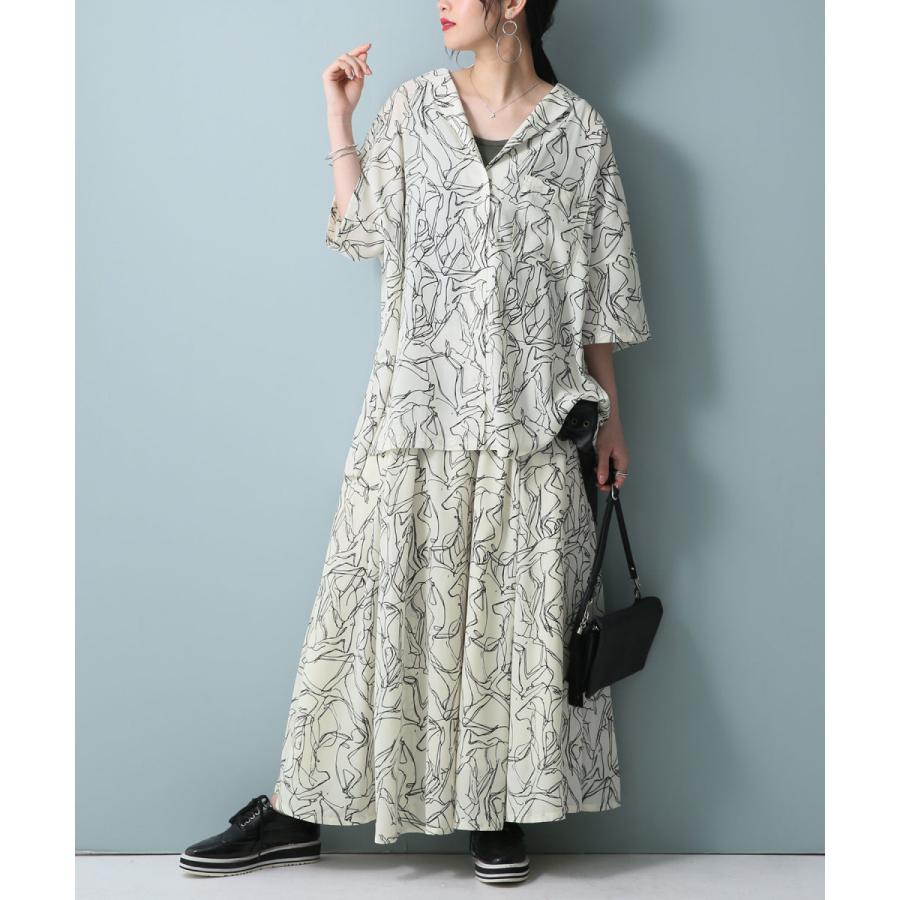 セットアップ レディース 春夏 トップス シャツ 五分袖 七分袖 スカート ボトムス ロング丈 フレア 線画プリントセットアップ メール便不可 オシャレウォーカー 通販 Paypayモール