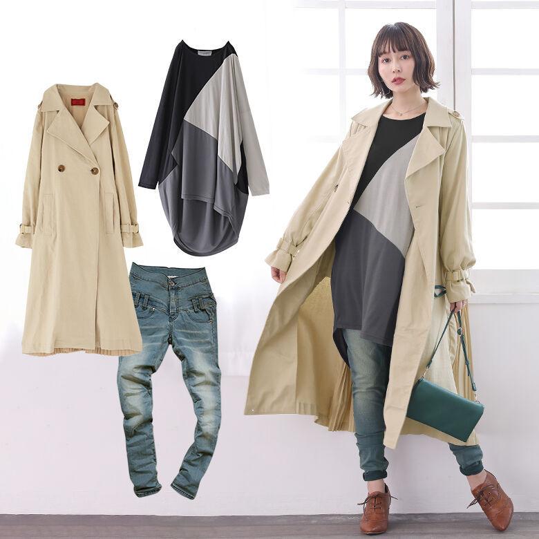 送料無料 福袋 レディース トレンチコート カットソー デニム スキニー 春の大人めトレンチコーデ3点set 返品 交換不可 メール便不可 オシャレウォーカー 通販 Paypayモール