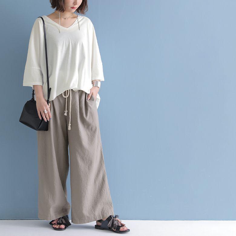 福袋 レディース Tシャツ Vネック ワイドパンツ ロング リネン混 ボトムス 夏の大人カジュアルシンプルコーデ2点set 返品 交換不可 メール便不可 オシャレウォーカー 通販 Paypayモール
