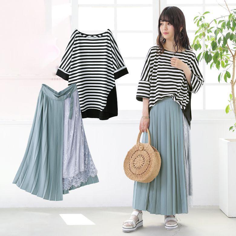 レディース カットソー 半袖 五分袖 ボーダー柄 スカート ロング プリーツ 涼し気なキレイめカジュアルコーデ2点set 返品 交換不可 メール便不可 Cfz0621 オシャレウォーカー 通販 Yahoo ショッピング
