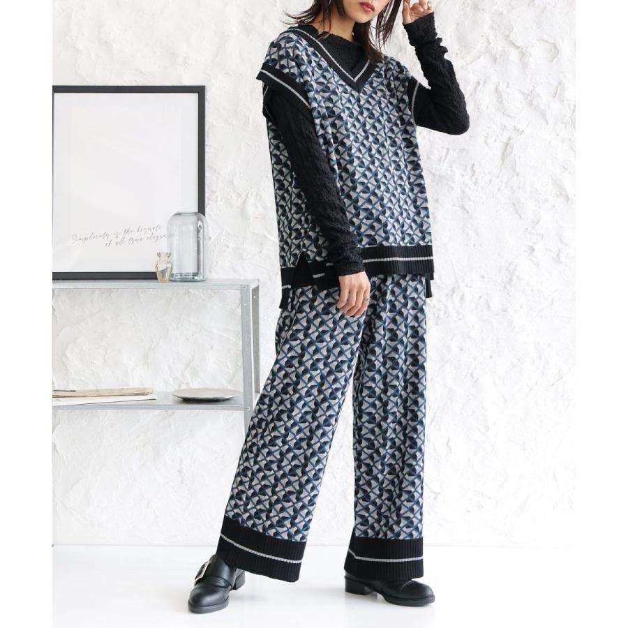 送料無料 セットアップ レディース 秋冬 ニットベスト フレンチスリーブ メール便不可 モデル着用 注目アイテム ストレート ニットパンツ ワイド 幾何学柄ニットアップ ロング丈