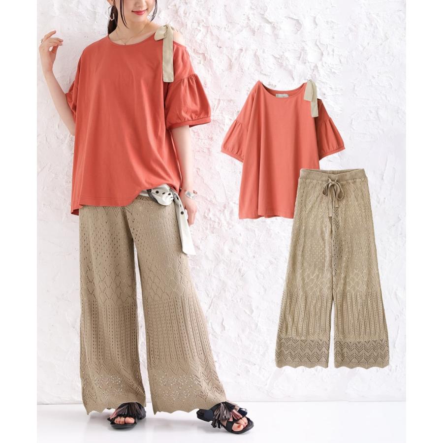 福袋 レディース Tシャツ 半袖 ニットパンツ ワイド サマーニット 透かし編み 肩見せリボンでお洒落さ光るコーデ2点set 返品 交換不可 メール便不可 オシャレウォーカー 通販 Paypayモール
