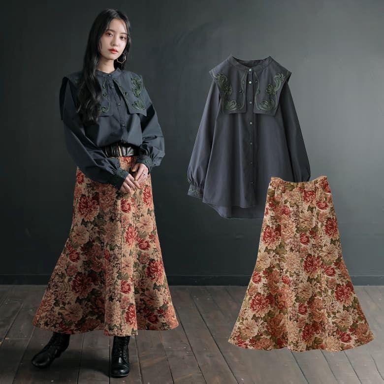 vintage ゴブラン織 総柄 デザイン ブラック フレア セットアップスーツ ポルカドット・ジョーゼットセットアップ/40代50代からの