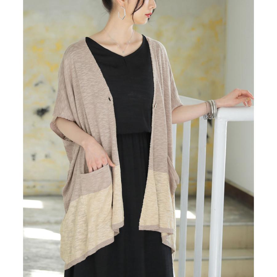 ロング カーディガン ベスト レディース サマーニット トップス 羽織 フレンチスリーブ 配色 バイカラー 配色スラブニットカーディガン メール便不可 オシャレウォーカー 通販 Paypayモール