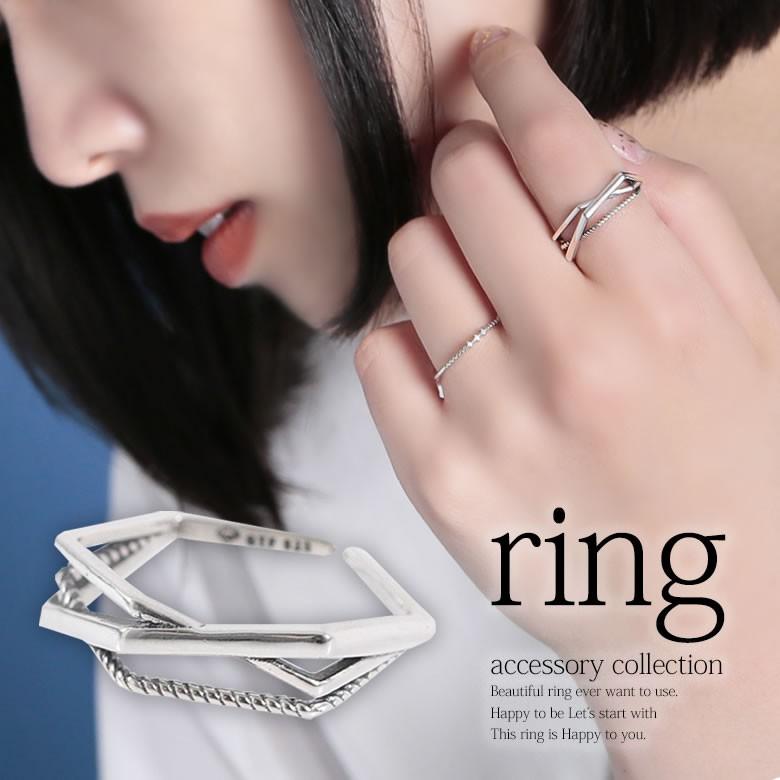 リング レディース 指輪 アクセサリー クール モード 多角形 シンプル 重ね風 シルバー フリーサイズ 立体重ね風シルバーリング メール便可 2 オシャレウォーカー 通販 Paypayモール
