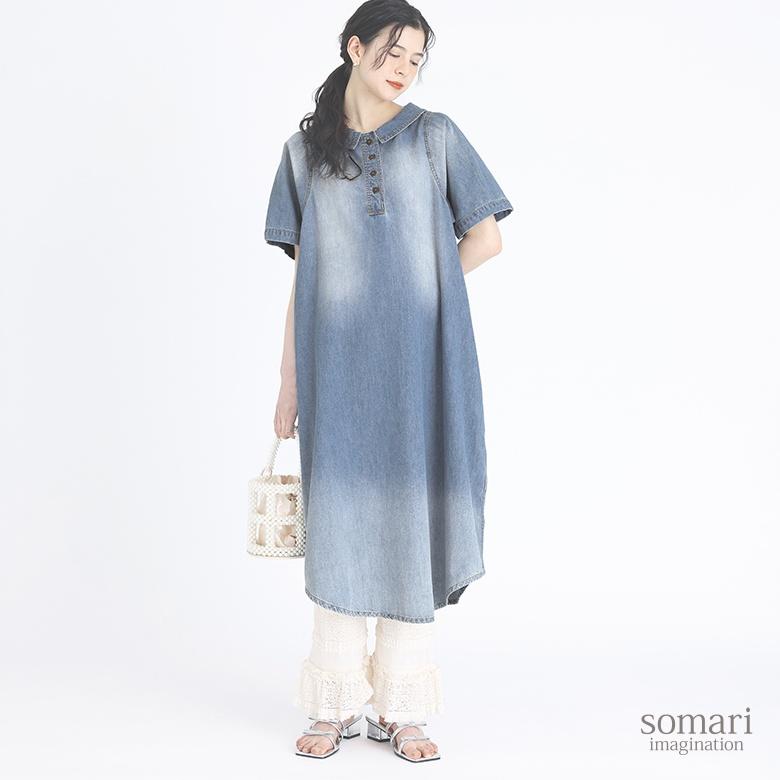 ロングワンピース レディース デニムワンピース 半袖 ヴィンテージ ボタン ステッチ ピュアヴィンテージデニムロングワンピ メール便不可 オシャレウォーカー 通販 Paypayモール