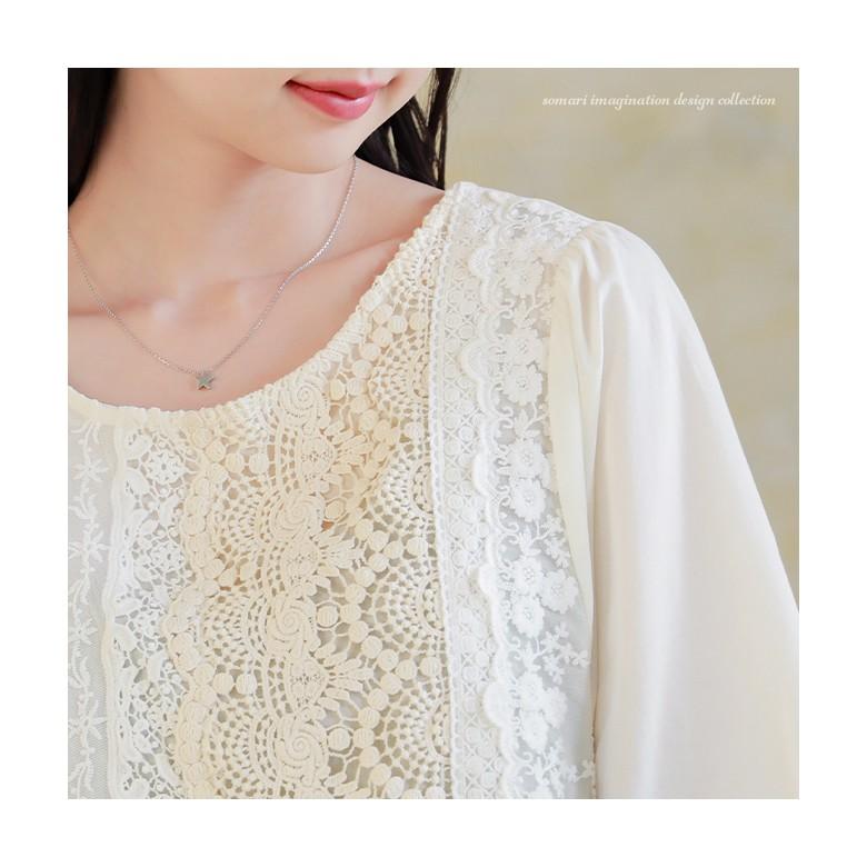 ルームエイト CHANSON LACE BLOUSE レースブラウス 七分袖 リボンモチーフ付き七分袖レース切り替えブラウス