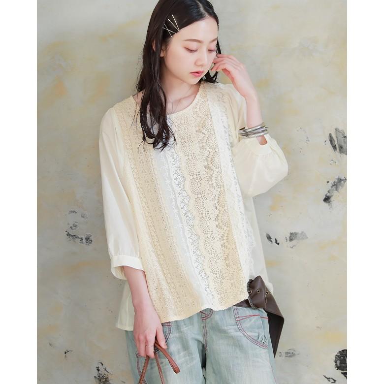 ルームエイト CHANSON LACE BLOUSE レースブラウス 七分袖 リボンモチーフ付き七分袖レース切り替えブラウス
