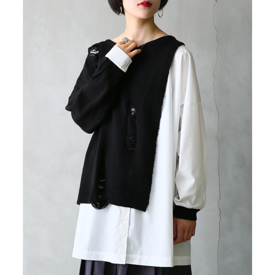 ニット シャツ レディース 秋冬 トップス 長袖 ダメージニット 重ね着風 Kohakuドッキングシャツダメージニット 返品交換不可 メール便不可 オシャレウォーカー 通販 Paypayモール