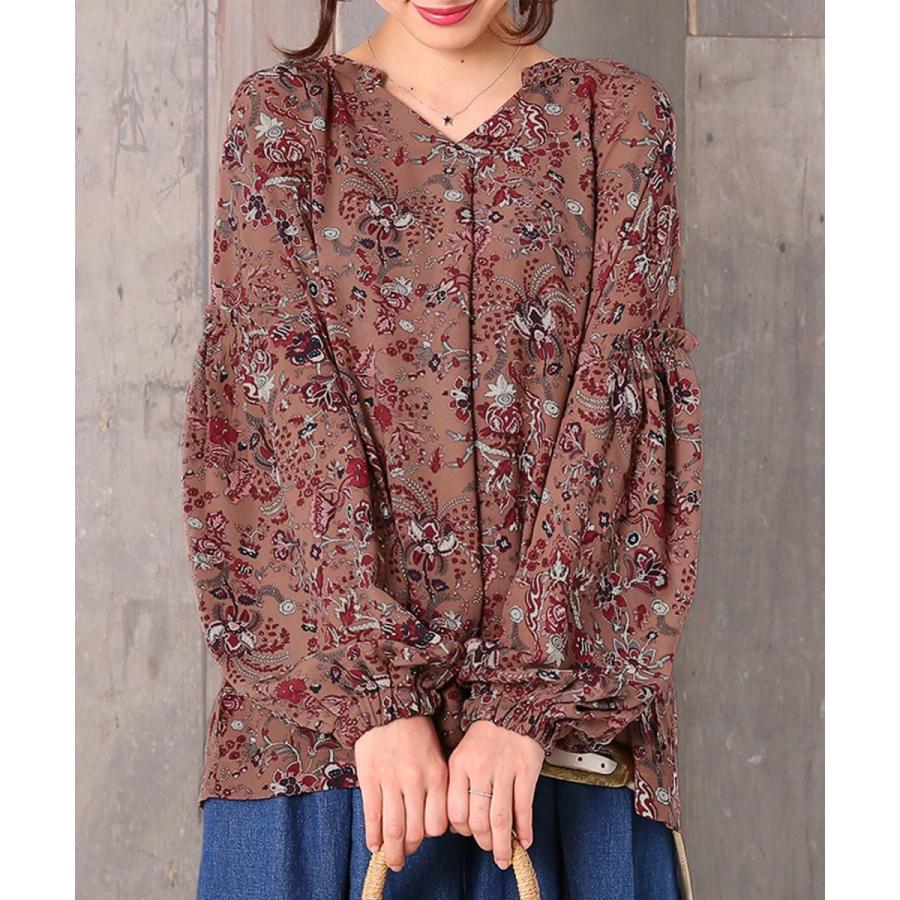 花柄 フラワー ブラウス レディース トップス シャツ 長袖 スキッパー Vネック 抜き襟 ボリューム袖スキッパー花柄ブラウス メール便不可 オシャレウォーカー 通販 Paypayモール