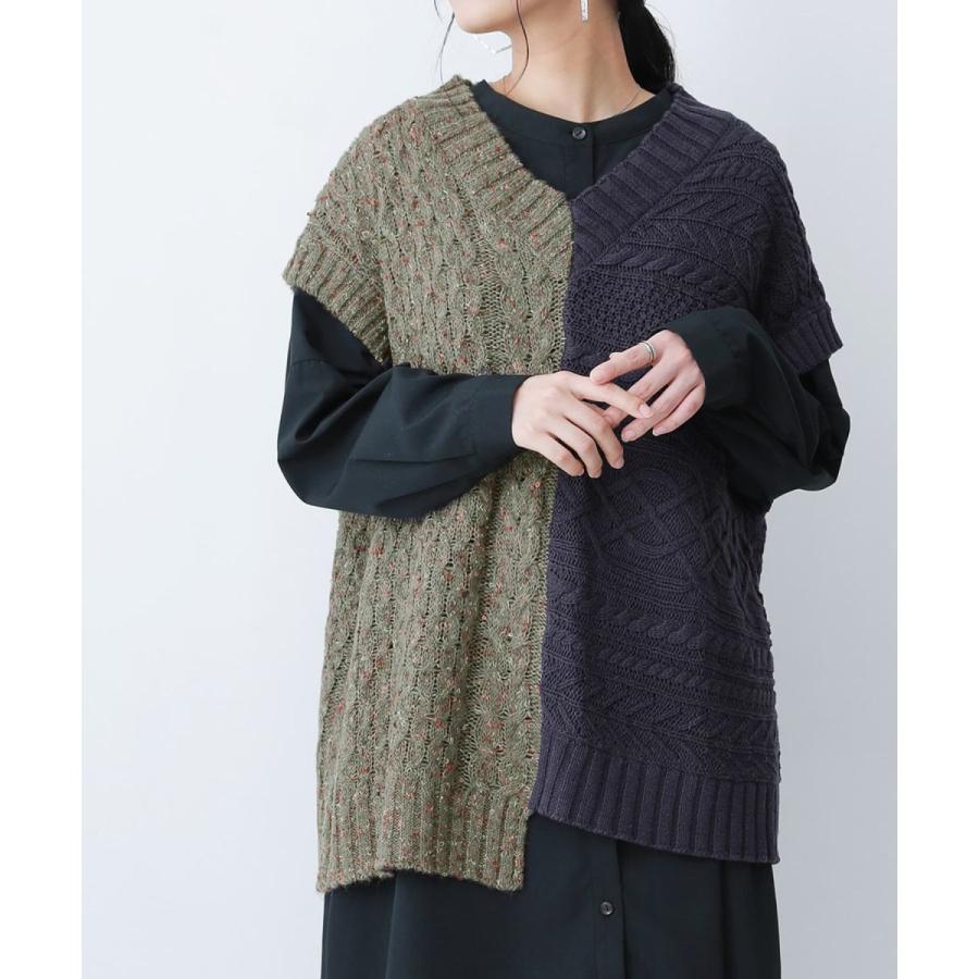 ニットベスト レディース 秋冬 トップス ケーブルニット アシンメトリー 異素材 ドッキング バイカラーアシメニットベスト メール便不可 Tgn01 オシャレウォーカー 通販 Yahoo ショッピング