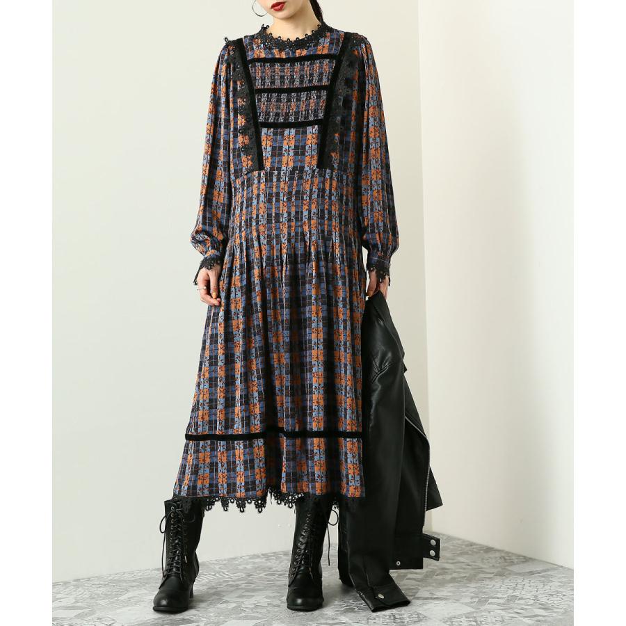 ロングワンピース レディース 異素材 チェック 花柄 スタンドカラー チェック柄レースタックワンピース 返品交換不可 メール便不可 オシャレウォーカー 通販 Paypayモール