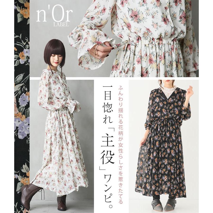 n'OrLABEL ロング ワンピース 長袖 花柄 きれいめ シフォン