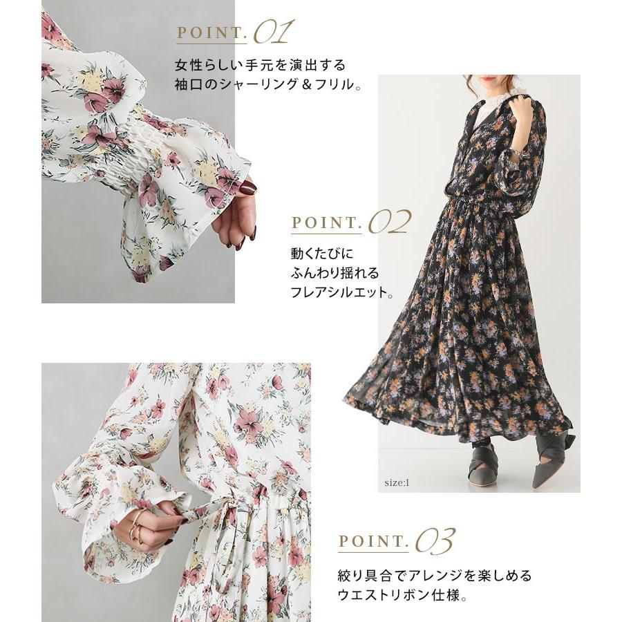 n'OrLABEL ロング ワンピース 長袖 花柄 きれいめ シフォン