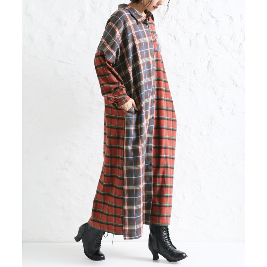 ロング ワンピース レディース 秋冬 シャツワンピ 長袖 アシンメトリー チェック柄 配色 チェック切替ロングシャツワンピース メール便不可 オシャレウォーカー 通販 Paypayモール