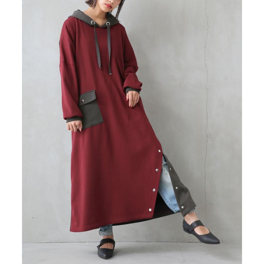 ロング ワンピース レディース 秋冬 長袖 裏起毛 パーカー カットソー フード付き 配色デザインパーカー裏起毛ワンピース メール便不可 Wen99 オシャレウォーカー 通販 Yahoo ショッピング