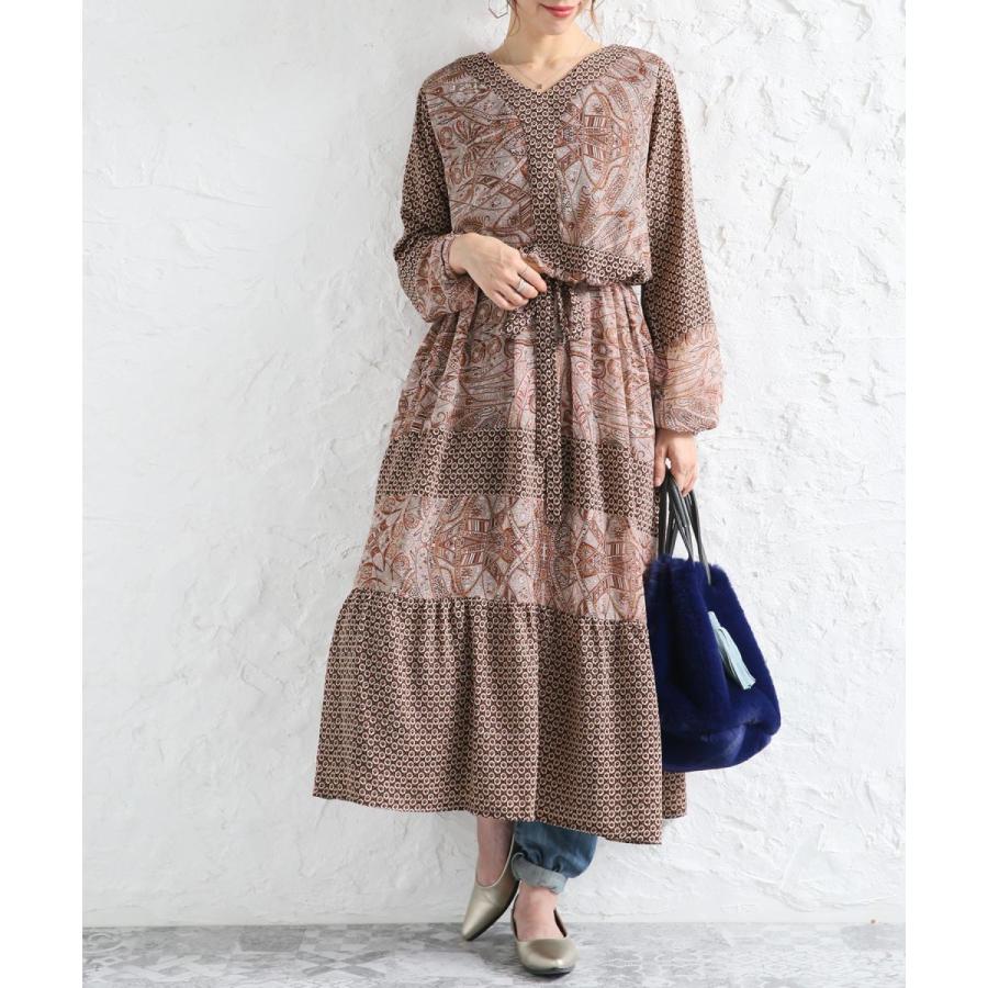 ロング ワンピース レディース 長袖 マキシ丈 プリントワンピース 総柄 Vネック ニュアンス柄 ボヘミアン柄切替ワンピース メール便不可 オシャレウォーカー 通販 Paypayモール