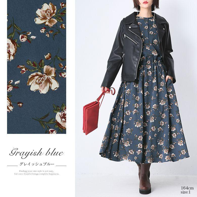 レキップ　ヨシエイナバ　長袖ロングワンピース　ボウタイ　ベルト　総柄　ピンク　紺 n'OrLABEL ロング ワンピース レディース 長袖 立ち襟 花柄