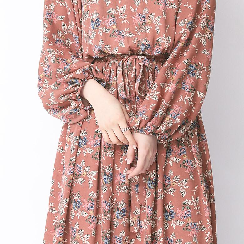 ロング ワンピース レディース 長袖 ボリューム袖 フレア プリント フラワー 配色 パステル バックリボン花柄ワンピース メール便不可 オシャレウォーカー 通販 Paypayモール