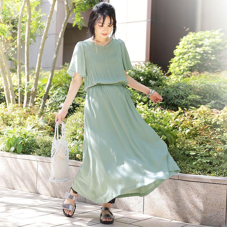 ロング ワンピース レディース Vネック ゆるひらスラブシリーズ ゆるひらスラブ袖フレアワンピース メール便不可 オシャレウォーカー 通販 Paypayモール