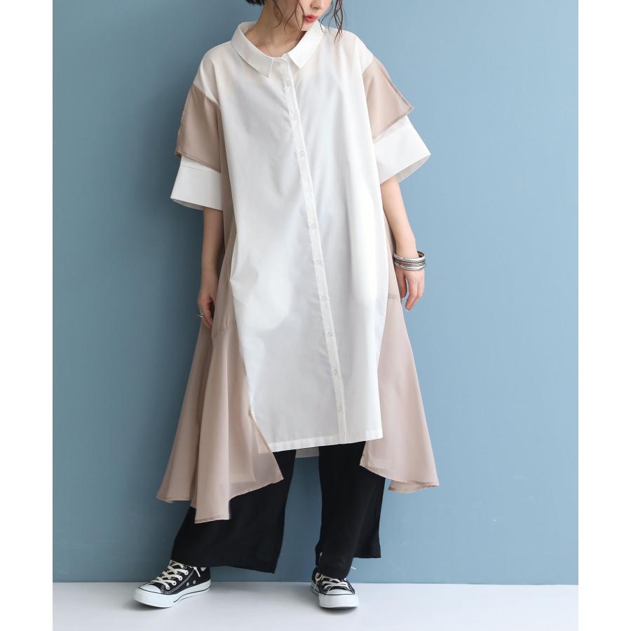 ワンピース レディース シャツワンピ 七分袖 チュニック ミモレ丈 フレア 切り替え シフォン ランダムヘム異素材配色シャツワンピース メール便不可 オシャレウォーカー 通販 Paypayモール