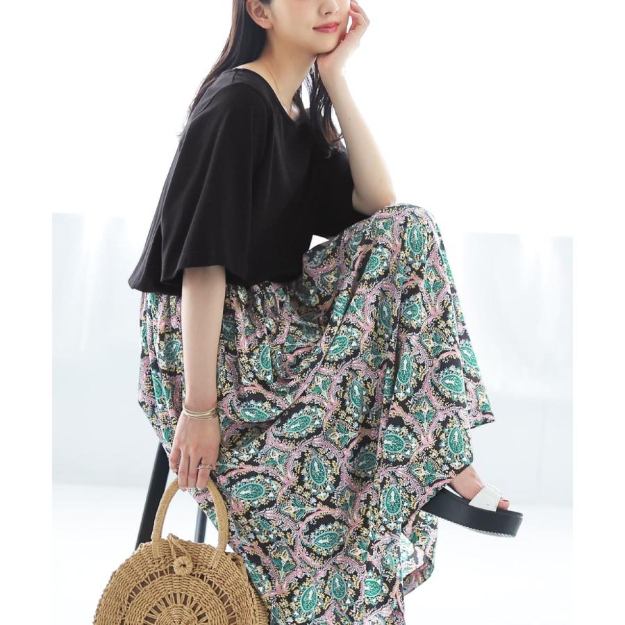 ロング ワンピース 春夏 レディース 半袖 無地 ペイズリー柄 異素材 ドッキング 綿100 切替 パステル ペイズリー切替ドッキングワンピース メール便不可 オシャレウォーカー 通販 Paypayモール