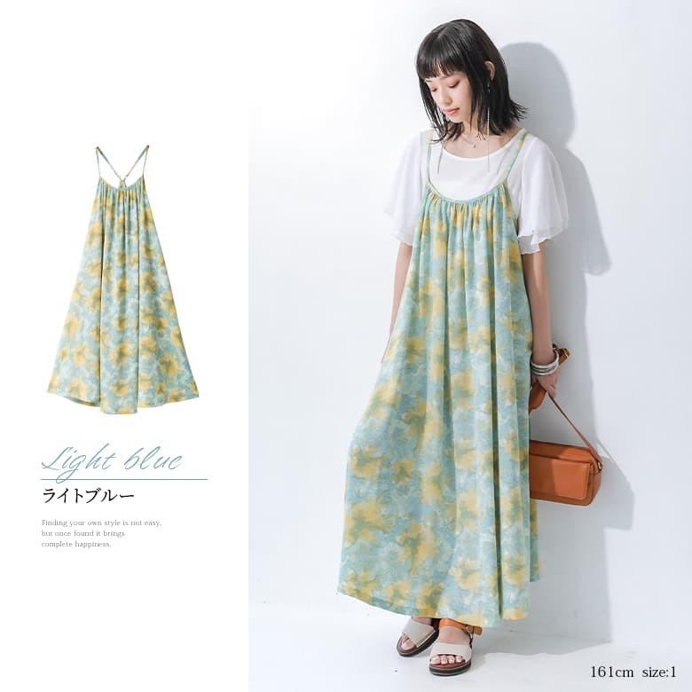 ロング ワンピ レディース 春夏 ノースリーブ キャミワンピ Aライン ギャザー 重ね着 タイダイ柄ロングキャミワンピース メール便不可 Wfn0315 オシャレウォーカー 通販 Yahoo ショッピング