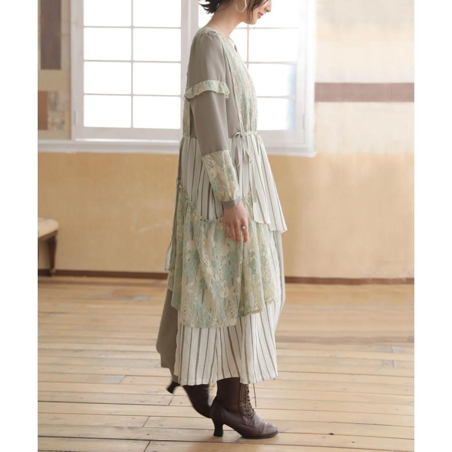 ロング ワンピース レディース Vネック 長袖 アシンメトリー 花柄 レース ストライプ柄 パステル 異素材配色アシメワンピース 人気