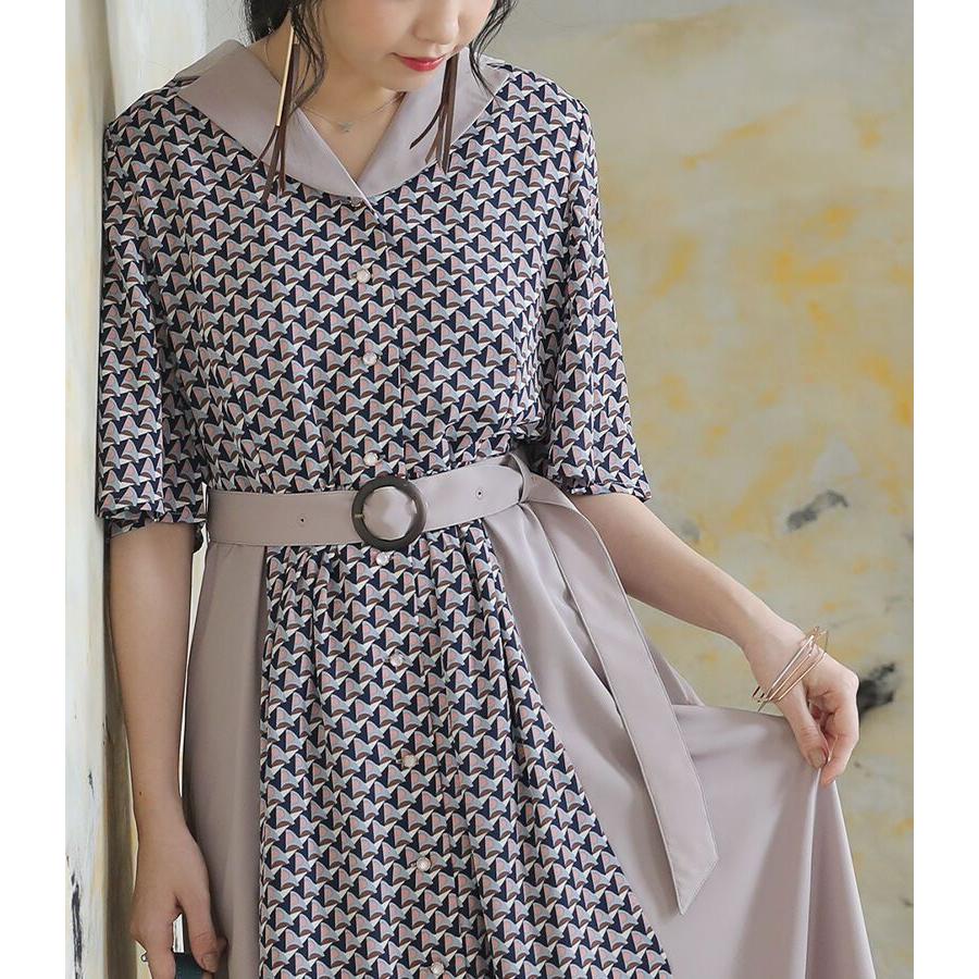 ロング ワンピース レディース 半袖 フレア ミモレ丈 シャツワンピ Vネック 総柄 無地 レトロ配色シャツワンピース メール便不可 オシャレウォーカー 通販 Paypayモール