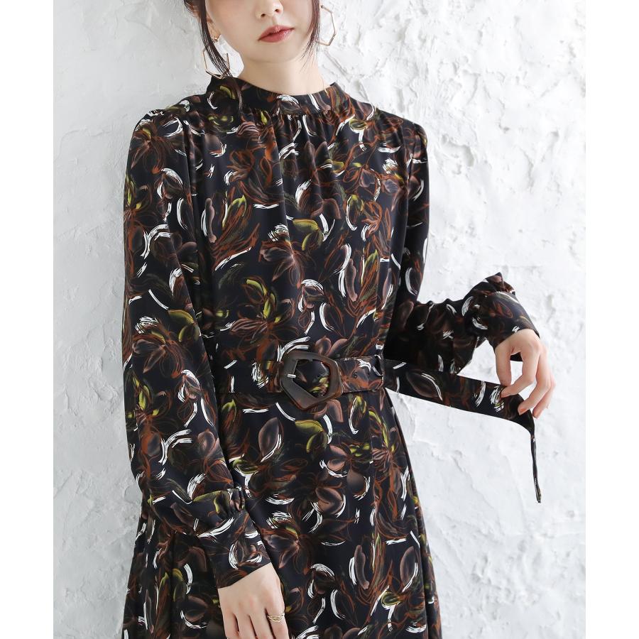 ロング ワンピース 秋冬 レディース ミモレ丈 長袖 パフ袖 立ち襟 レトロ柄 総柄 シフォン ギャザー ベルト付き総柄レトロワンピース メール便不可 オシャレウォーカー 通販 Paypayモール