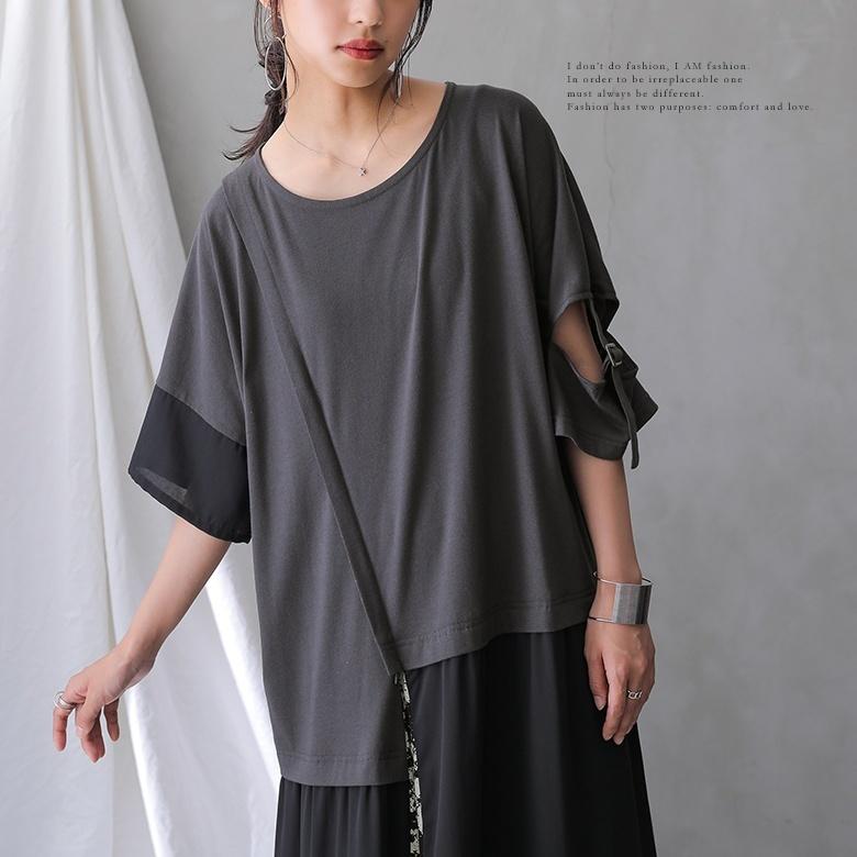 ロング レディース 春夏 半袖 カットワンピース カットワンピ 配色 無地 総柄 透け感『異素材切替アシメデザインワンピース』【メール便不可】 | kOhAKU | 05