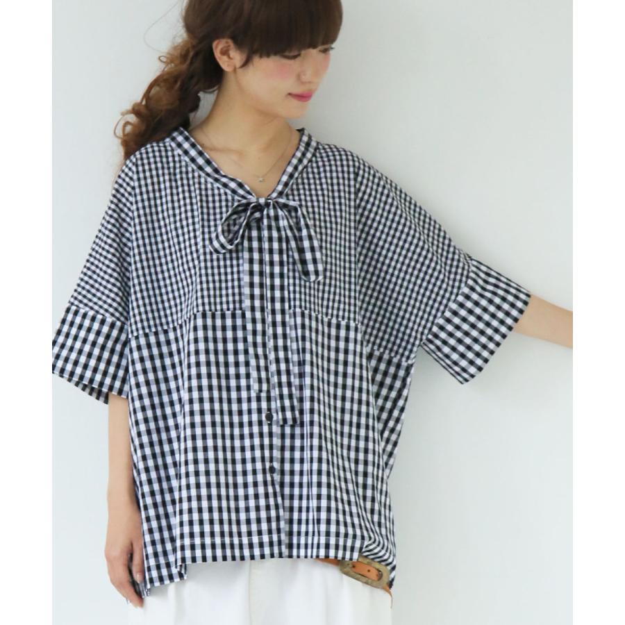 シャツ レディース トップス 半袖 ブラウス ボウタイ ギンガムチェック柄 綿100 リボンタイ ギンガム リボン切替シャツ メール便可 10 オシャレウォーカー 通販 Paypayモール