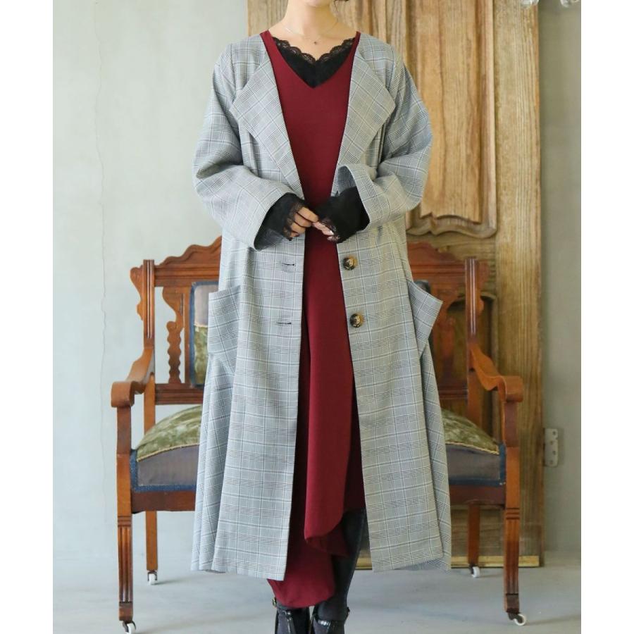 ロングコート レディース アウター スプリングコート チェック柄 フレア トリボン おうちで洗える グレンチェックロングコート メール便不可 オシャレウォーカー 通販 Paypayモール