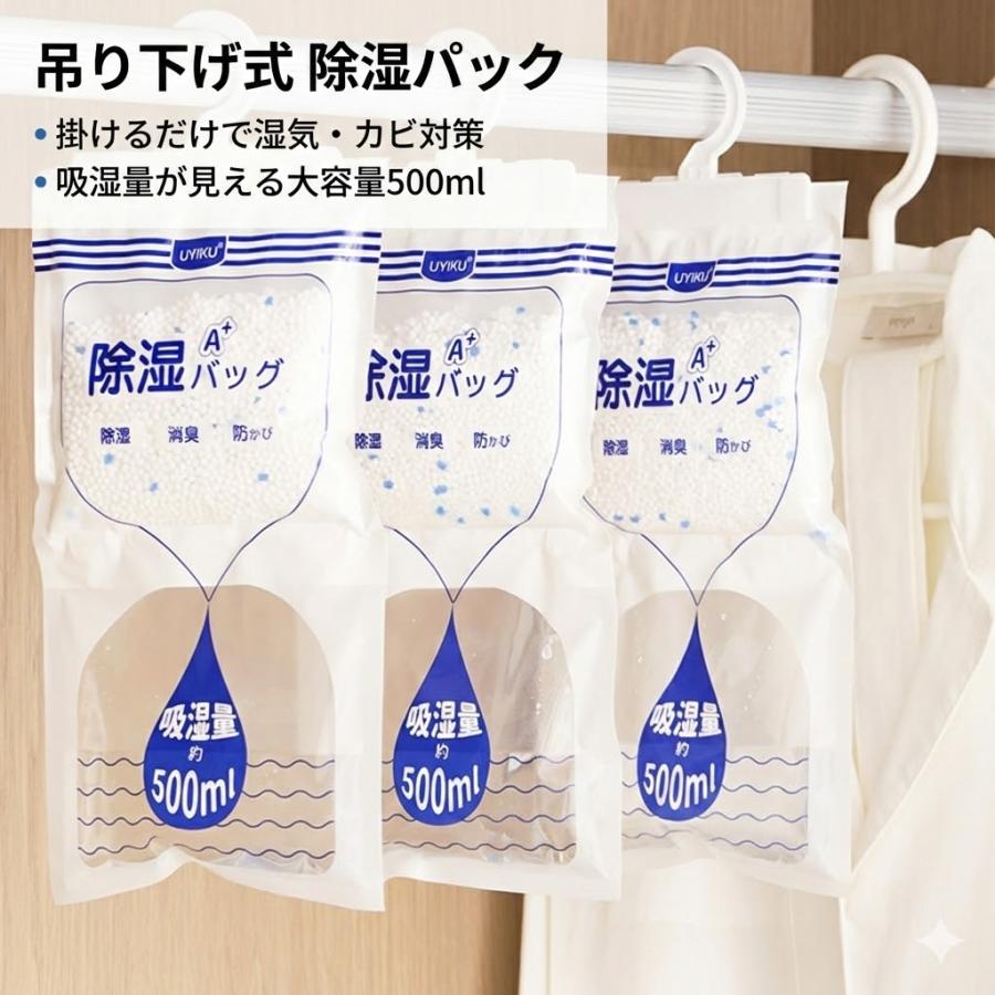 吊り下げ 除湿 パック 掛けるだけ 設置 簡単 除湿剤 湿気取り 防カビ 湿気 対策 フック付き 乾燥剤 クローゼット タンス 押し入れ 