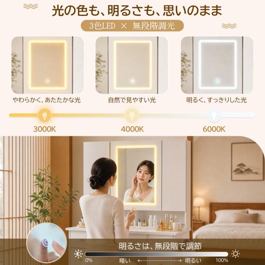 5%OFFクーポン利用可能！】ドレッサー 三面鏡 LEDライト付き 3色無段階