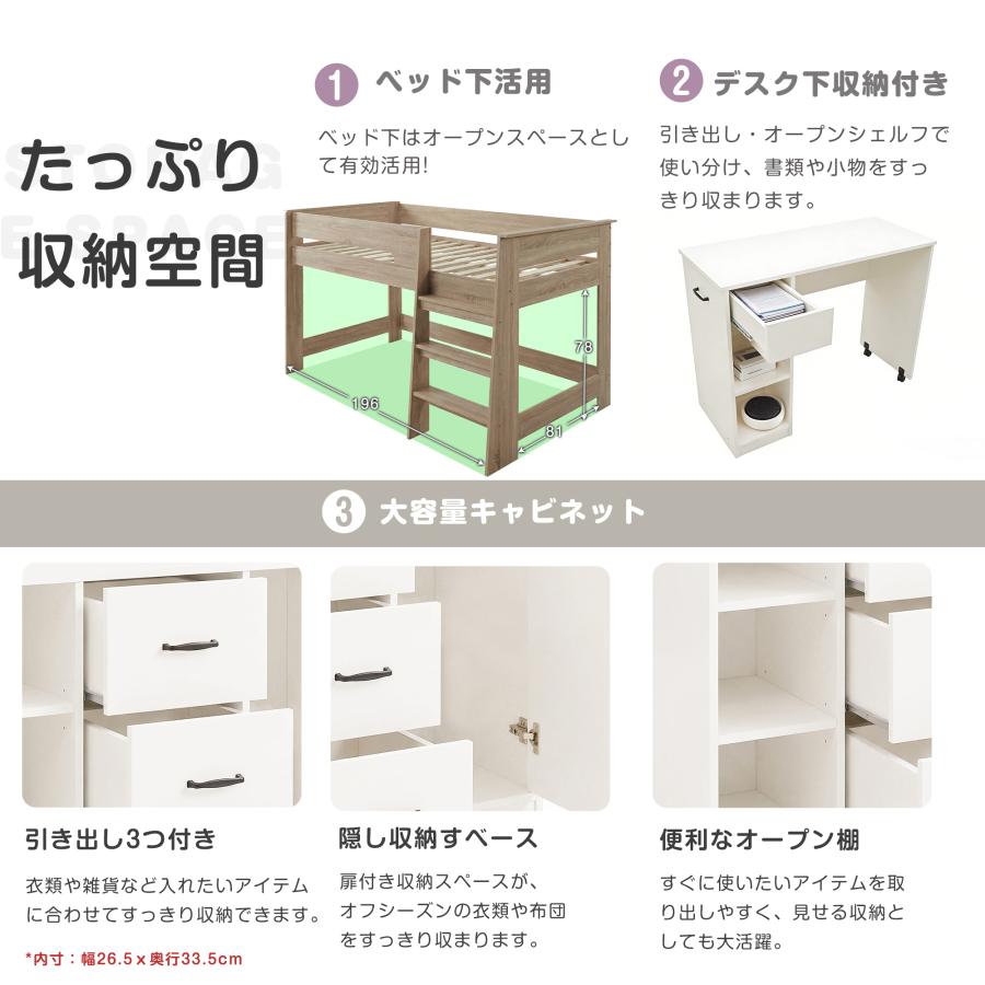 システムベッド ロフトベッド デスク付き 3点セット 子供用 大人用